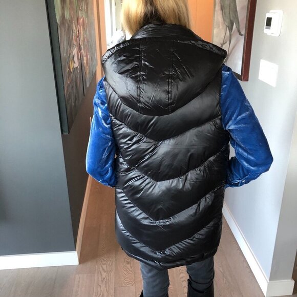 MICHAEL KORS Black Quilted Puffer Hoodie Vest Long Tunic Length high neck Gold S - Picture 4 of 16